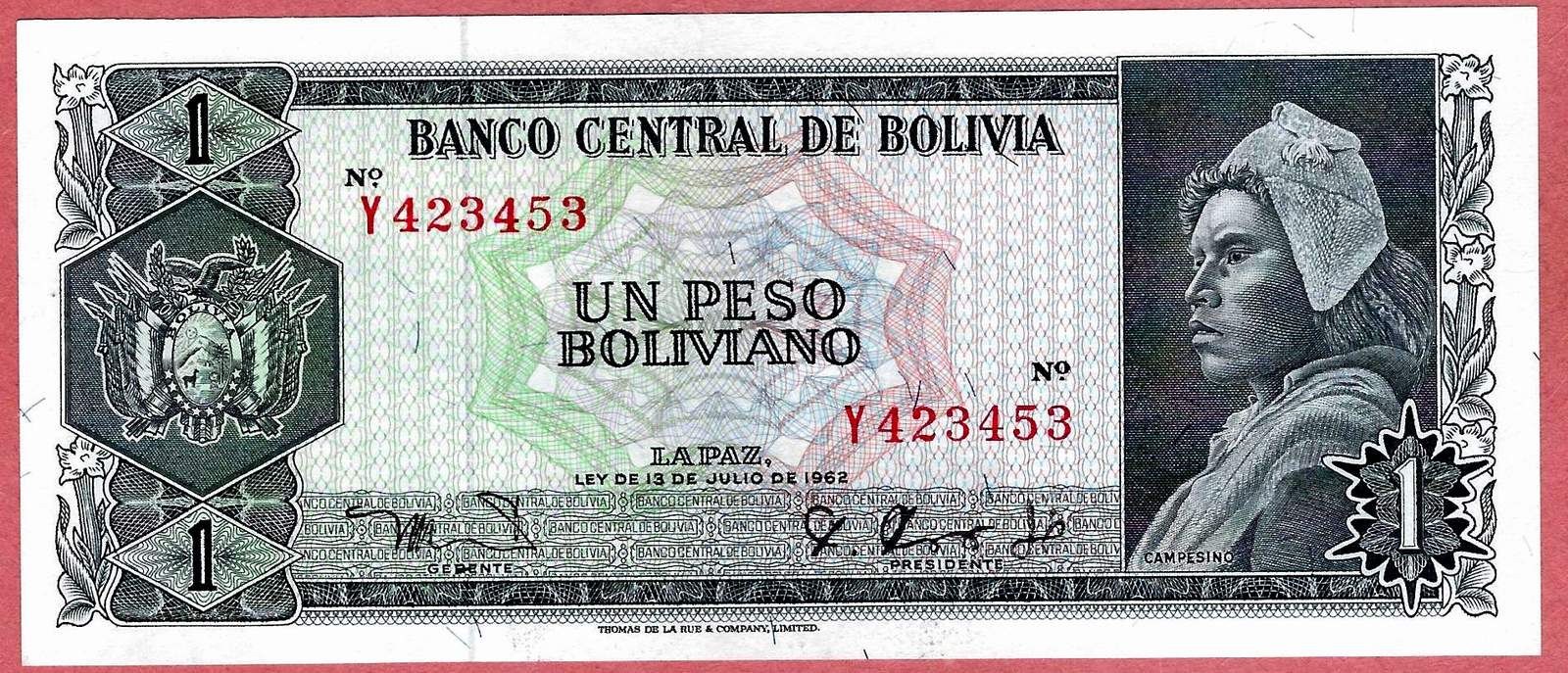 BOLIVIA 1 Peso Bolivianos 1962 Pick 158a(7) UNC