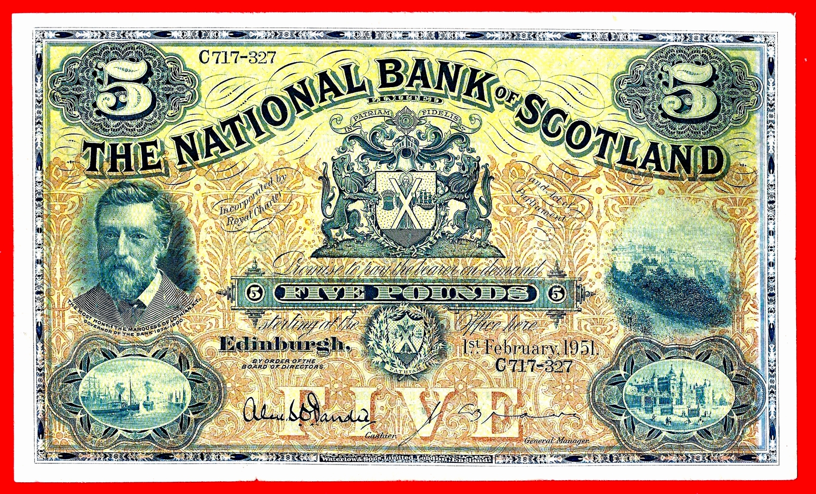 THE NATIONAL BANK of SCOTLAND LIMITED £5 POUNDS 1951 XF-AU ...